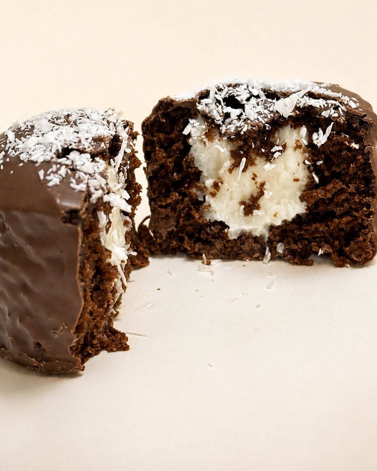 Mini cake de prestígio cortado, com recheio de coco e cobertura de chocolate
