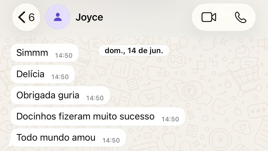 Mensagem de cliente: “Docinhos fizeram muito sucesso, todo mundo amou”