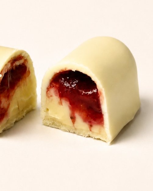 Trufa de morango com chocolate branco, cortada ao meio