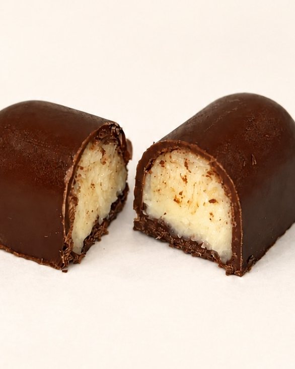 Trufa de prestígio com chocolate ao leite, cortada ao meio
